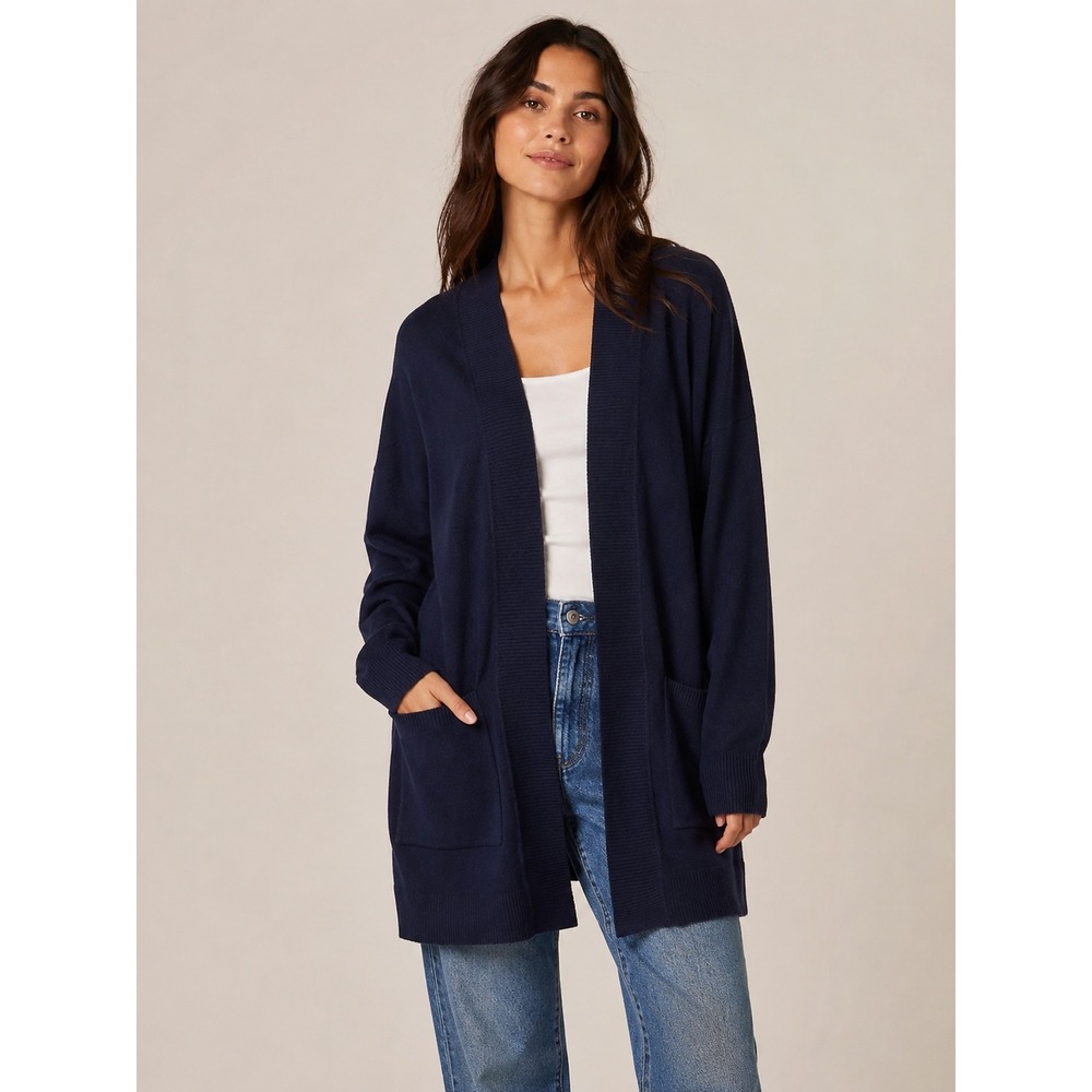 A Love Story Womens 2X Navy Blue Open Front Cardigan‎ Sweater Ribbed Pocket Knit